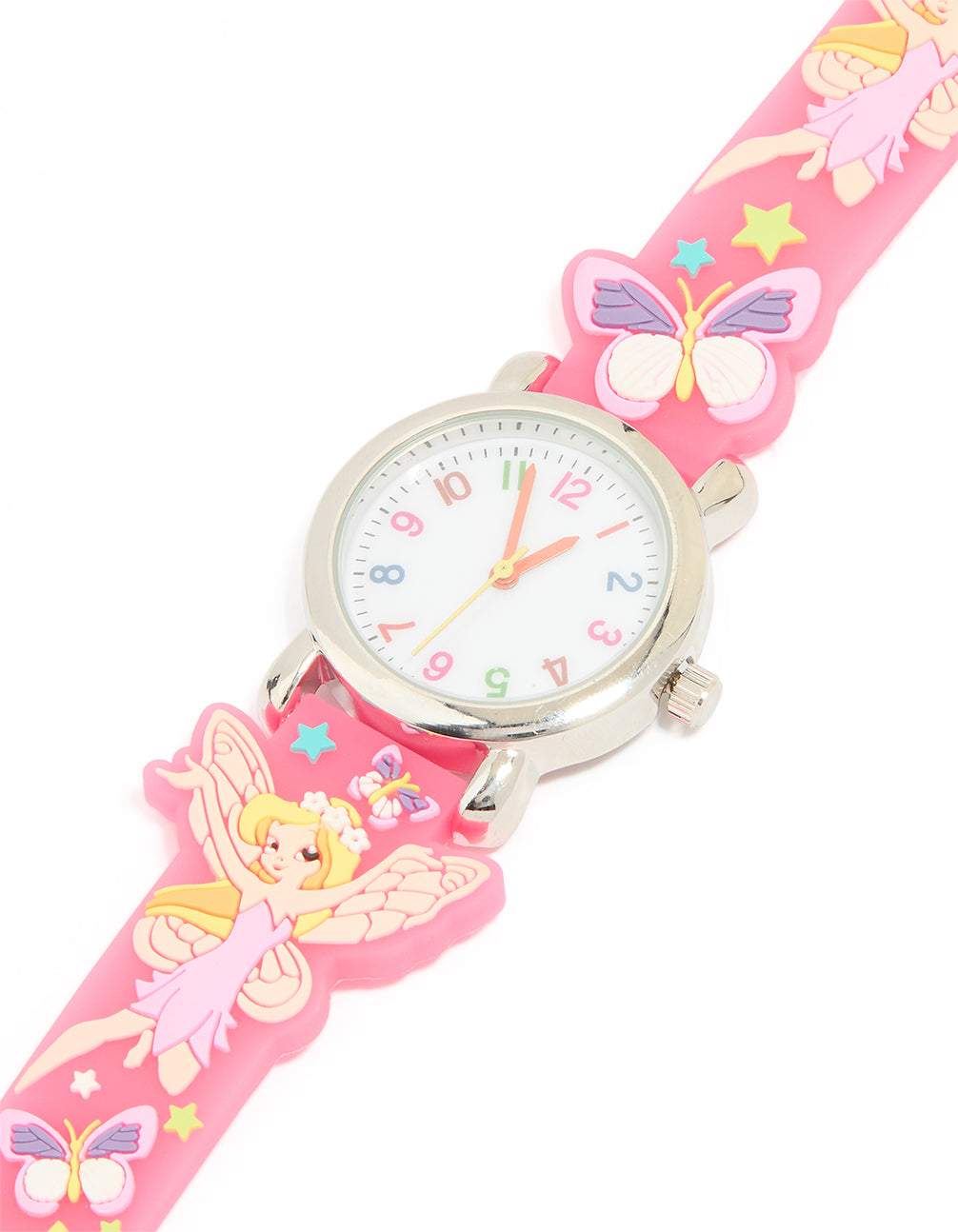 Showcasing a kids pastel fairies watch with angel, butterfly and celestial details featuring numbers on white dial round shape for casual occasions crafted from silicone in pink and analog type watch face detail view