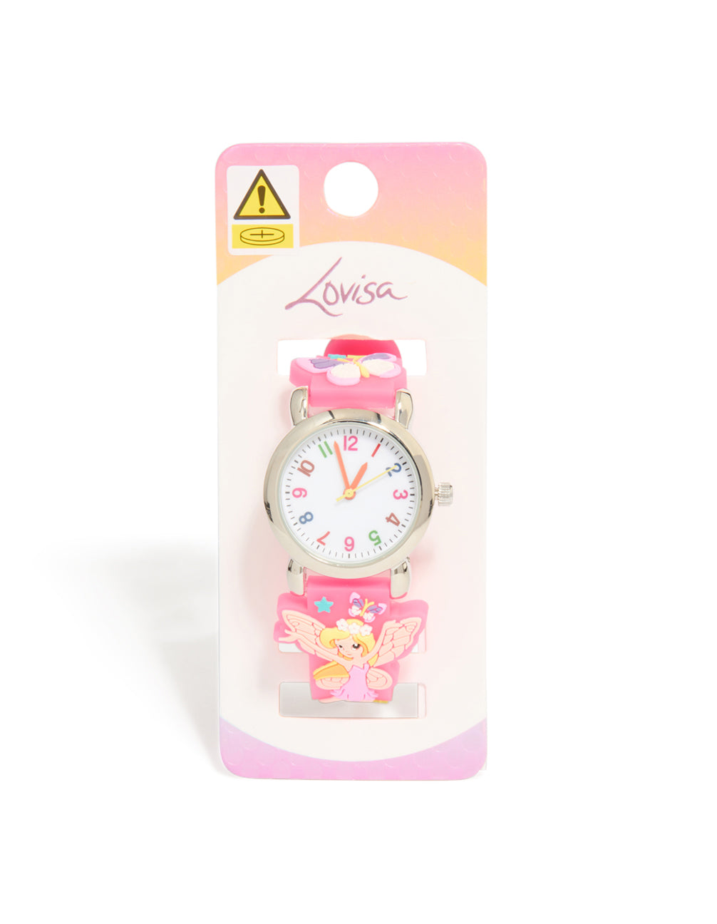 Discover this kids pastel fairies watch with angel, butterfly and celestial details featuring numbers on white dial round shape for casual occasions crafted from silicone in pink and analog type displayed in packaging case detail view