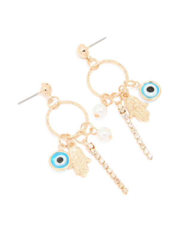 Gold Pearl Evil Eye Hamsa Hand Stud Earrings