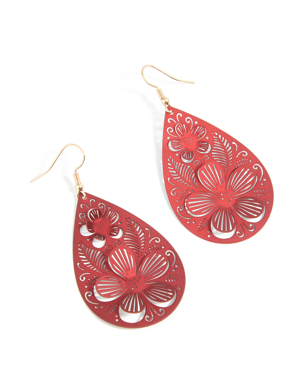 Gold Red 3D Filigree Flower Drop Earrings