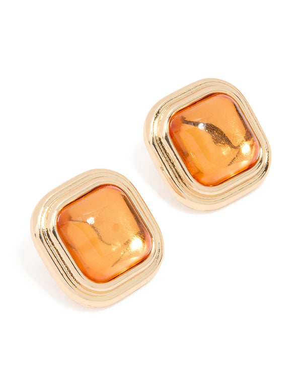 Gold Orange Diamante Square Stud Earrings