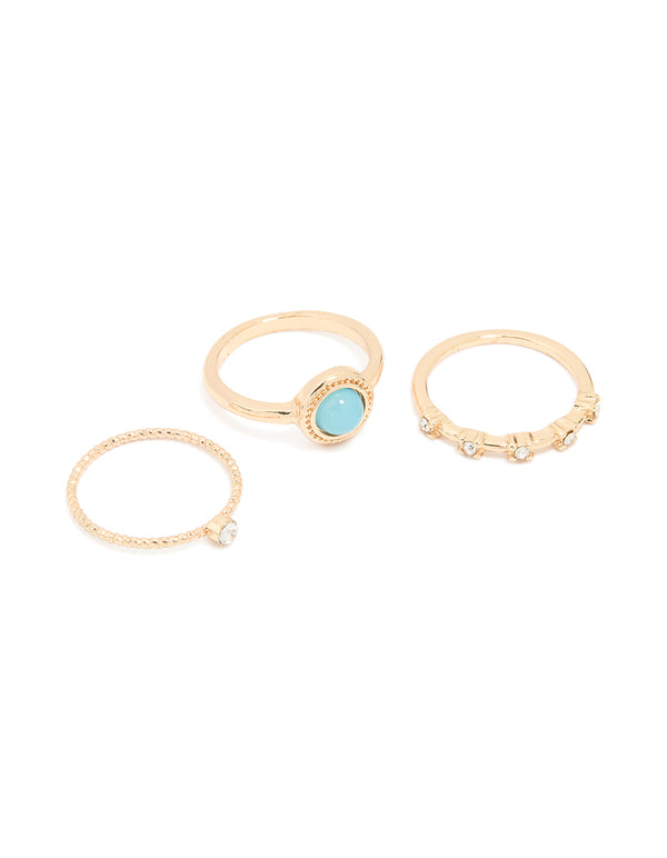 Gold Diamante Round Signet Rings 3-Pack