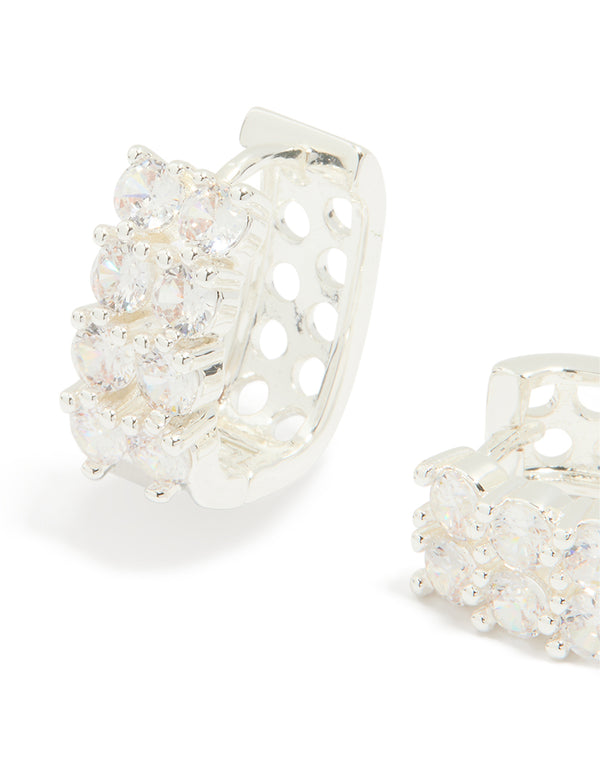 Silver Plated Cubic Zirconia Medium Round Hoop Earrings