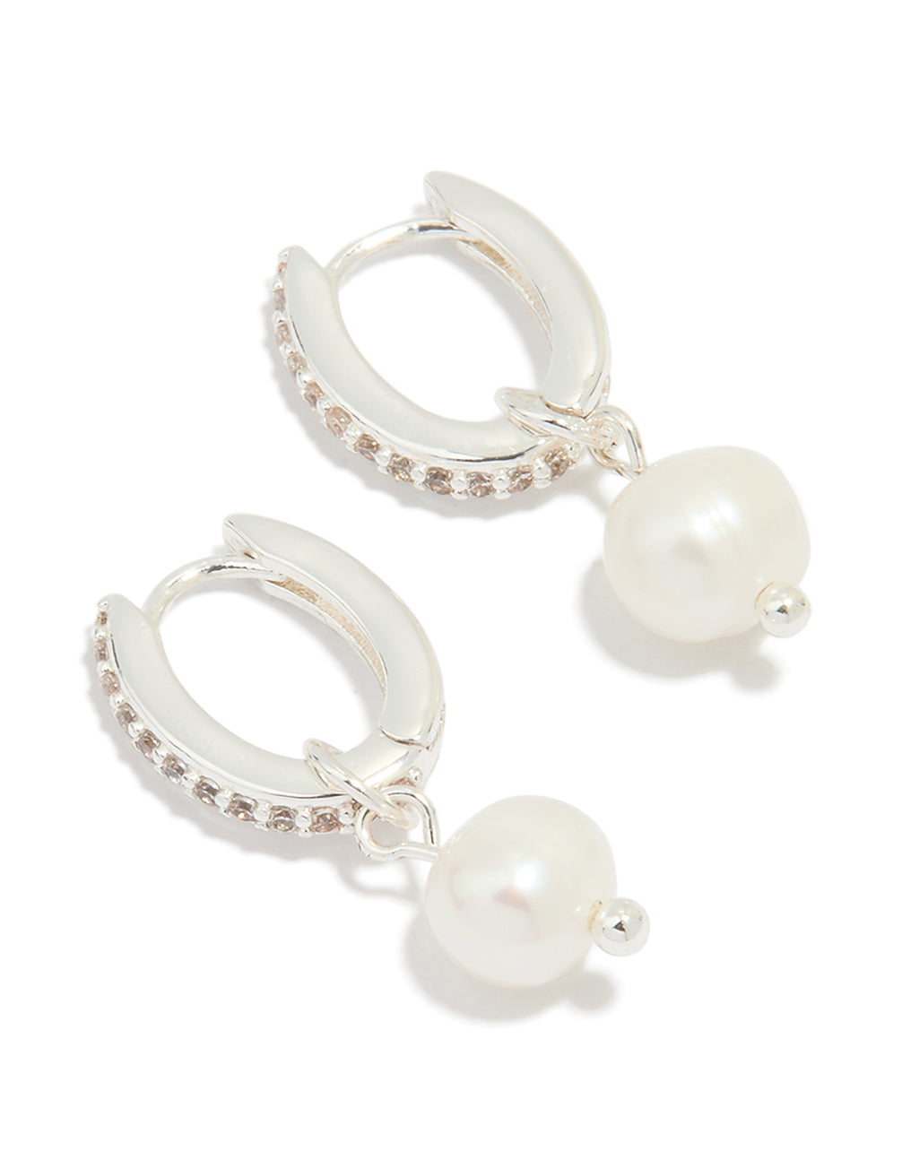 Silver Plated Pearl Cubic Zirconia Pave Drop Hoop Earrings