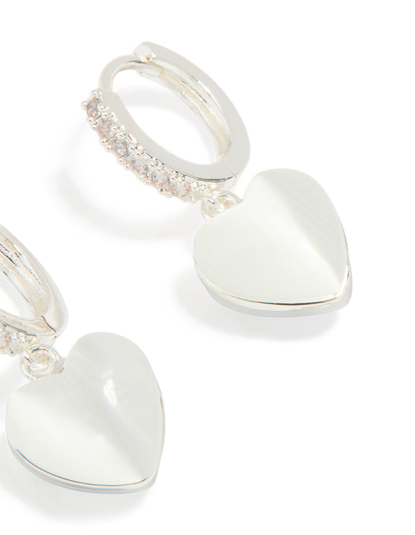 Silver Plated Cubic Zirconia Heart Drop Hoop Earrings