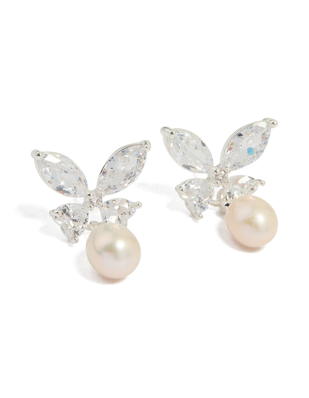 Silver Plated Cubic Zirconia Butterfly Pearl Drop Earrings