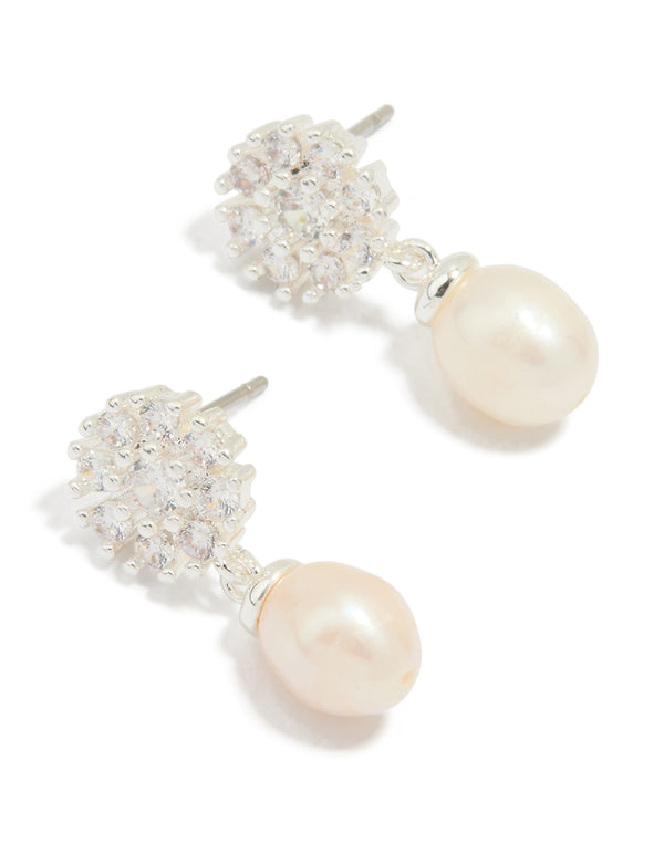 Silver Plated Cubic Zirconia Flower & Pearl Drop Earrings