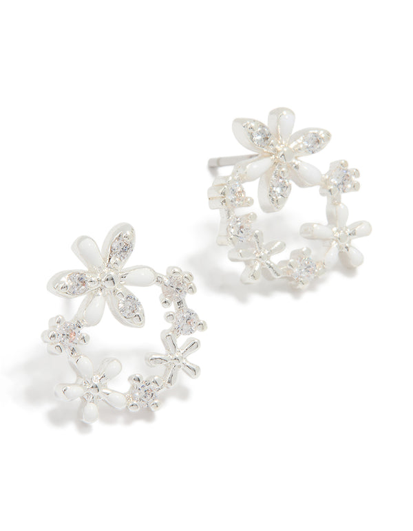 Silver Plated Cubic Zirconia Flower Wreath Stud Earrings