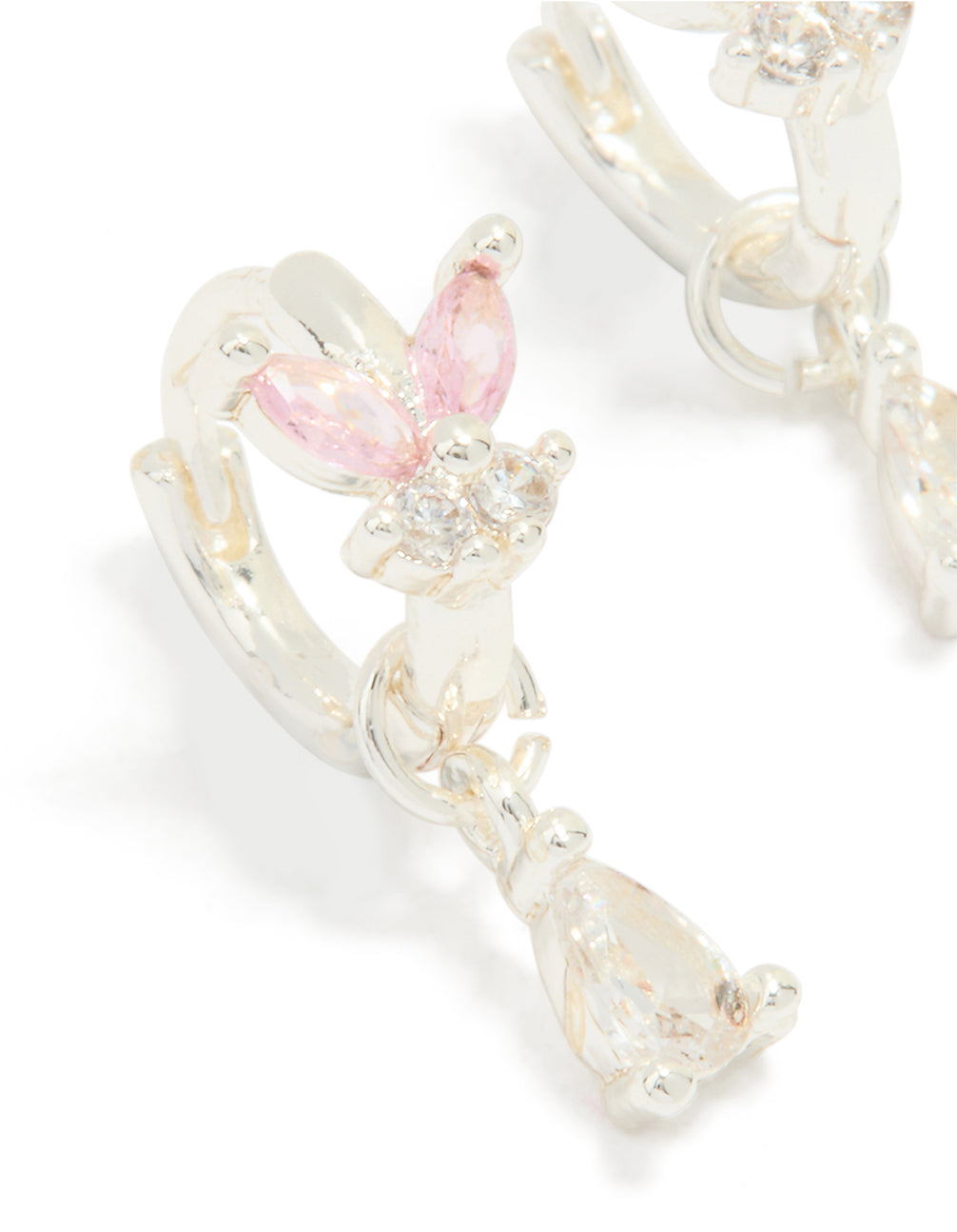 Silver Plated Pink Cubic Zirconia Butterfly Drop Huggie Earrings