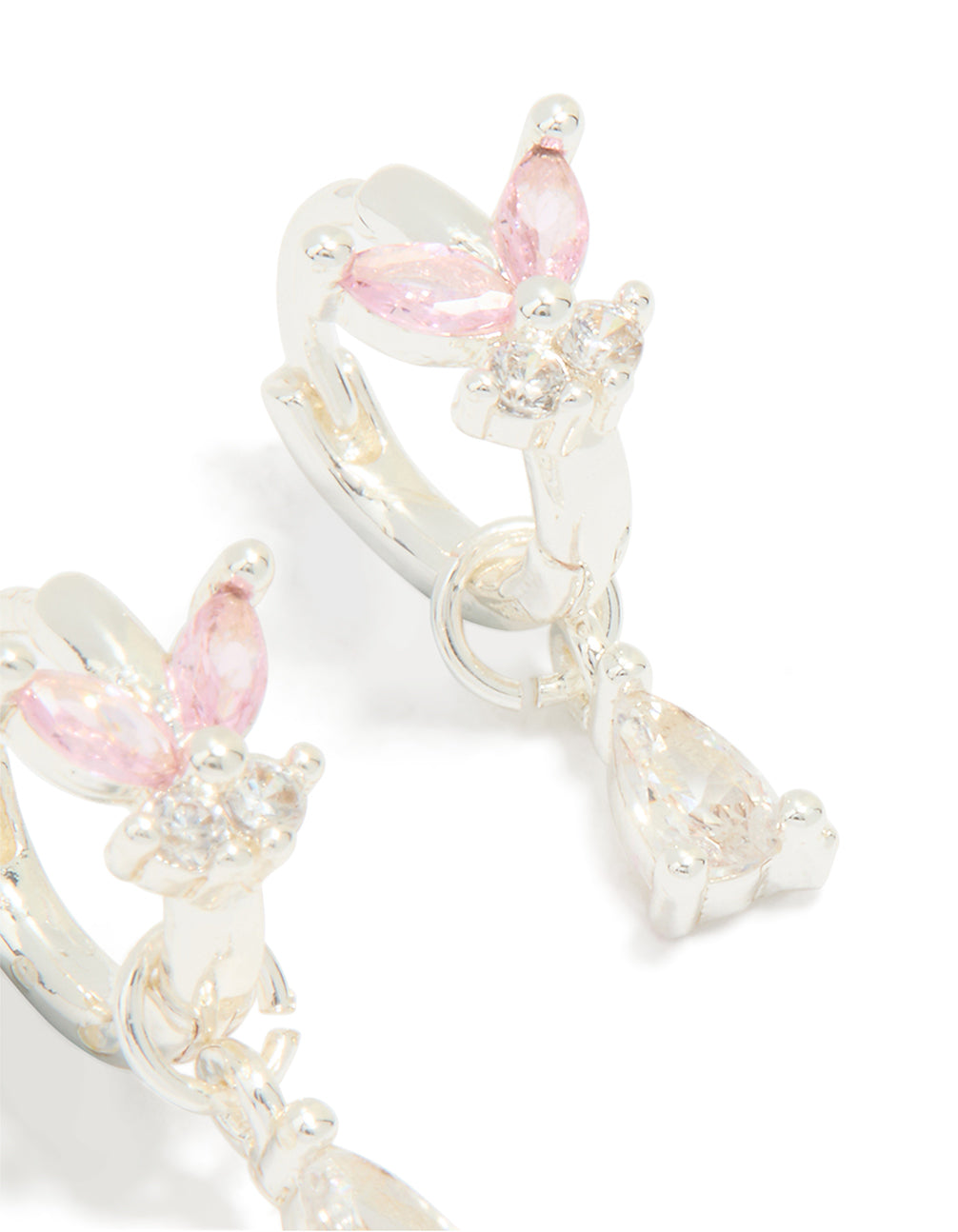 Silver Plated Pink Cubic Zirconia Butterfly Drop Huggie Earrings