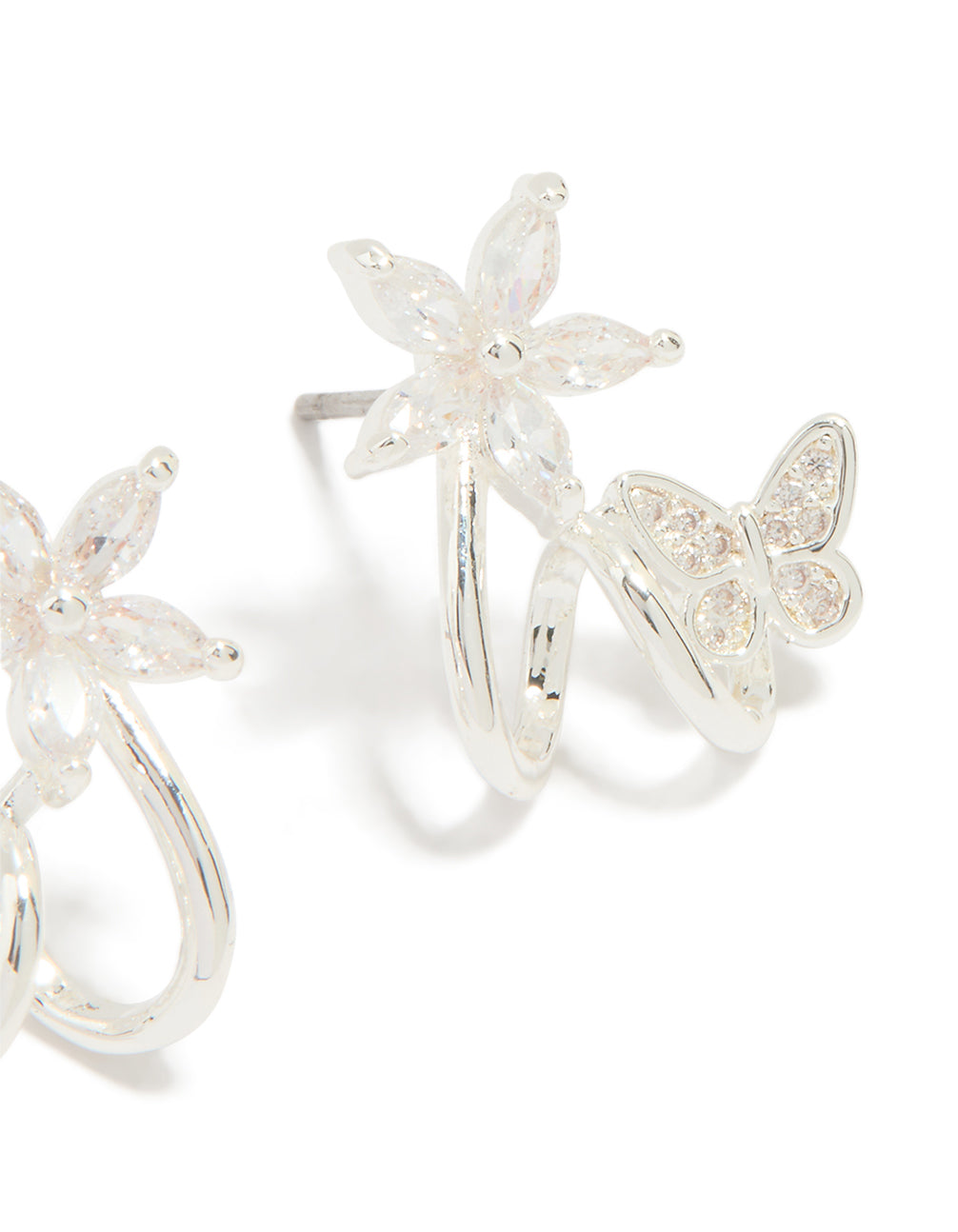 Silver Plated Cubic Zirconia Flower Butterfly Ear Jacket Earrings