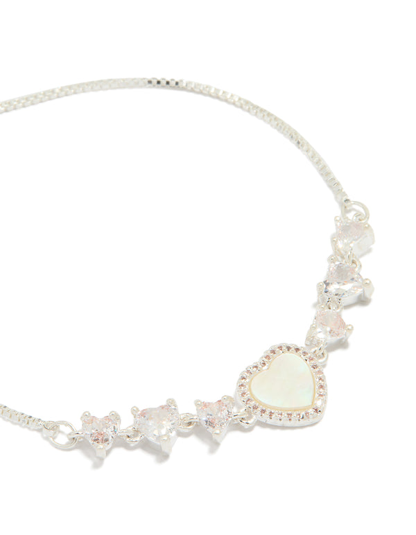 Silver Plated Mother Of Pearl & Cubic Zirconia Mini Heart Toggle Bracelet