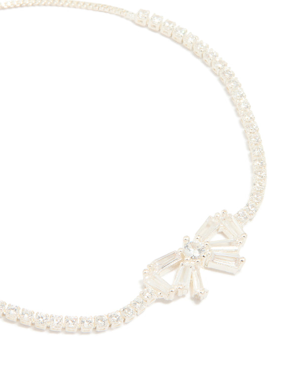 Silver Plated Cubic Zirconia Baguette Bow Toggle Bracelet
