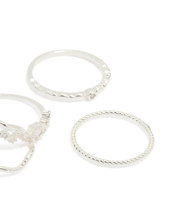 Silver Plated Dainty Cubic Zirconia & Plain Rings 5-Pack