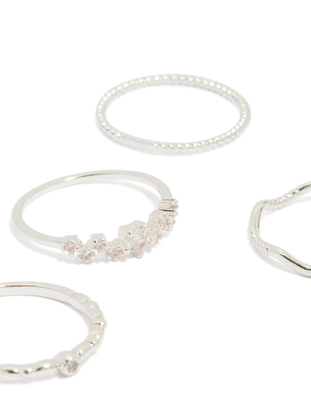 Designed with charm embellishments, silver plated squiggle rings 5-pack side detail view