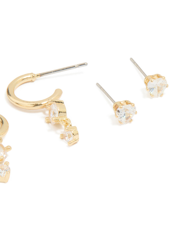 Gold Plated Cubic Zirconia Heart Stud & Huggie Earrings 4-Pack
