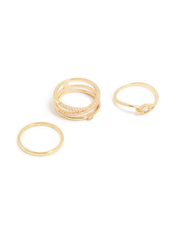 Gold Plated Cubic Zirconia Plain & Evil Eye Rings 4-Pack