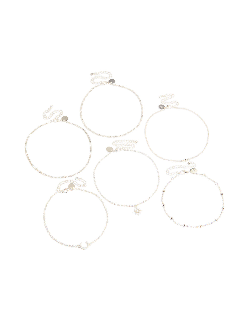 Featuring a silver celestial choker necklace 6-pack with balls, moon and star accents front view