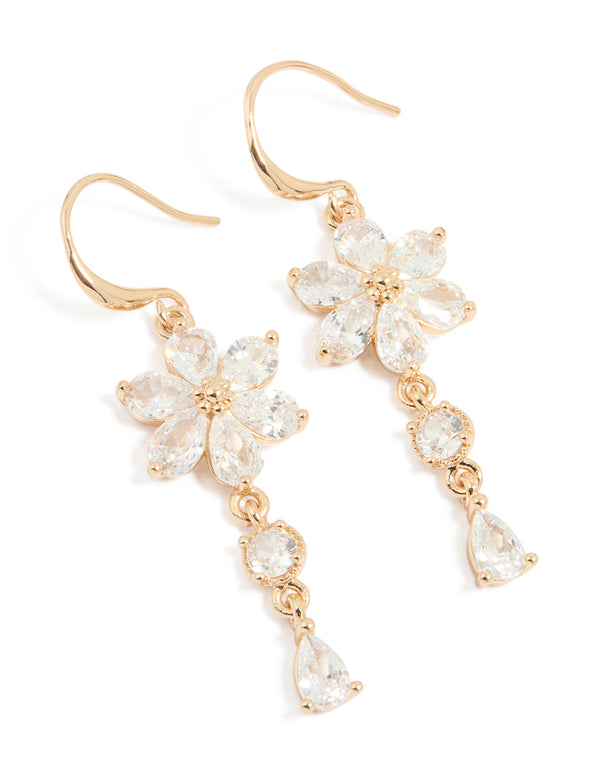 Gold Cubic Zirconia Flower Hook Drop Earrings