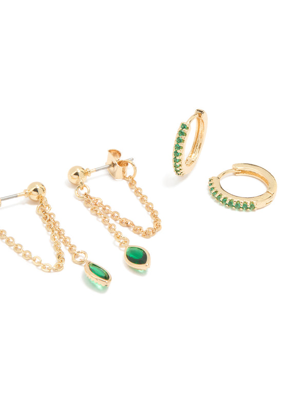 Gold Plated Green Cubic Zirconia Ear Cuff & Huggie Earrings 4-Pack