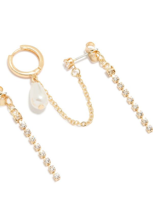 Gold Plated Pearl Chain Huggie & Stud Earrings