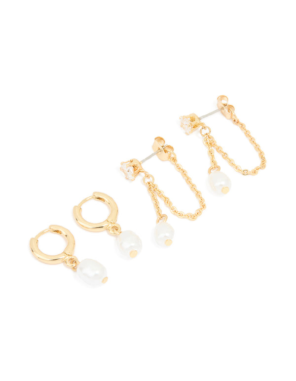 Gold Plated Pearl Huggie & Chain Stud Earrings 2-Pack