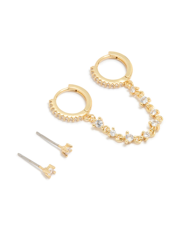 Gold Plated Cubic Zirconia Chain & Stud Earrings 2-Pack