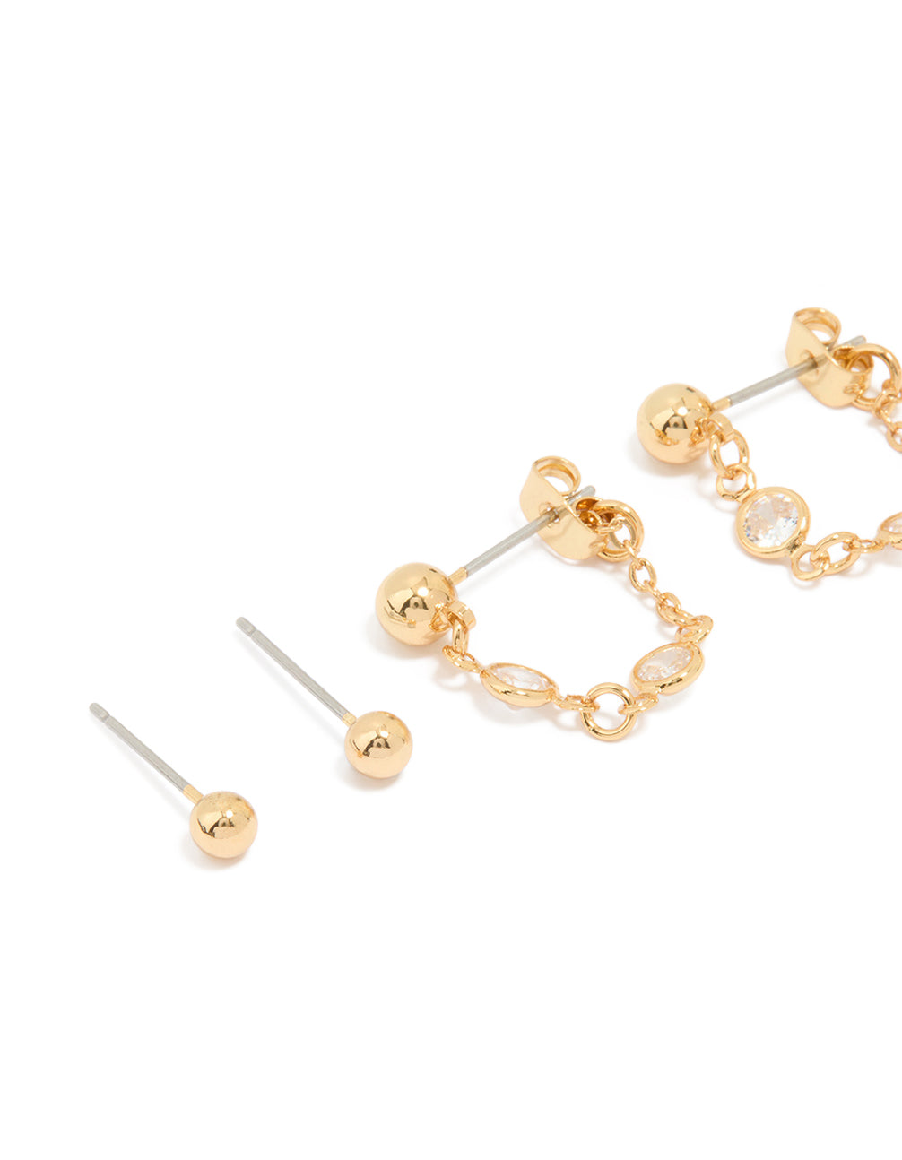 Gold Plated Molten Huggie & Cubic Zirconia Chain Earrings 4-Pack