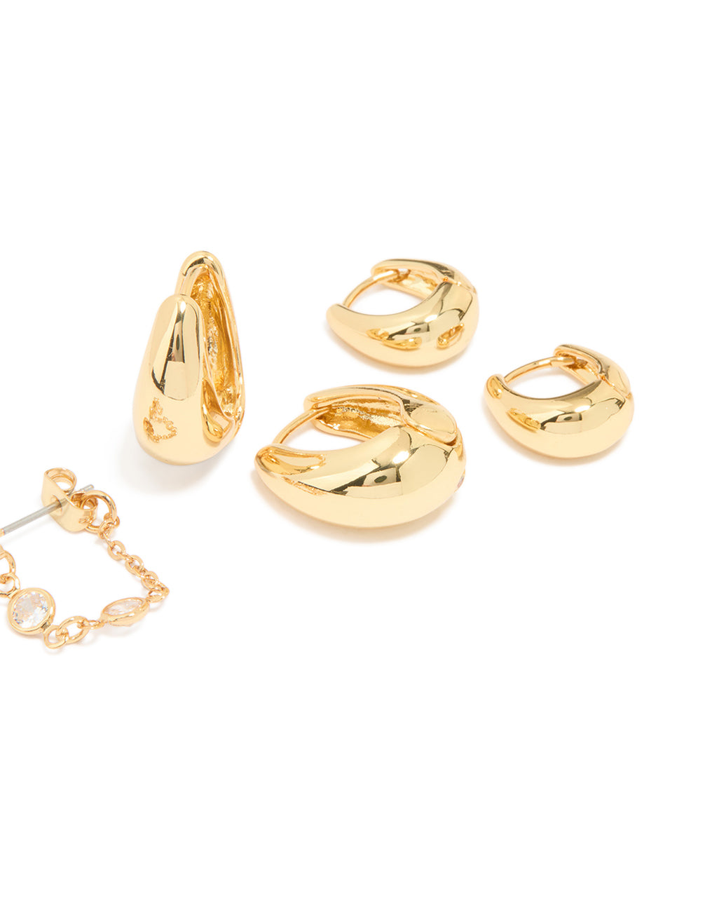 Gold Plated Molten Huggie & Cubic Zirconia Chain Earrings 4-Pack