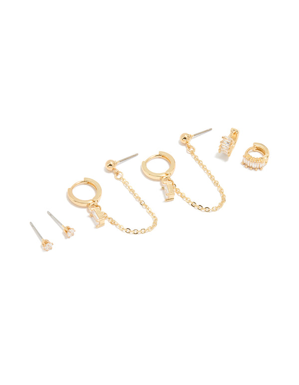 Gold Plated Baguette Huggie & Chain Earrings 4-Pack