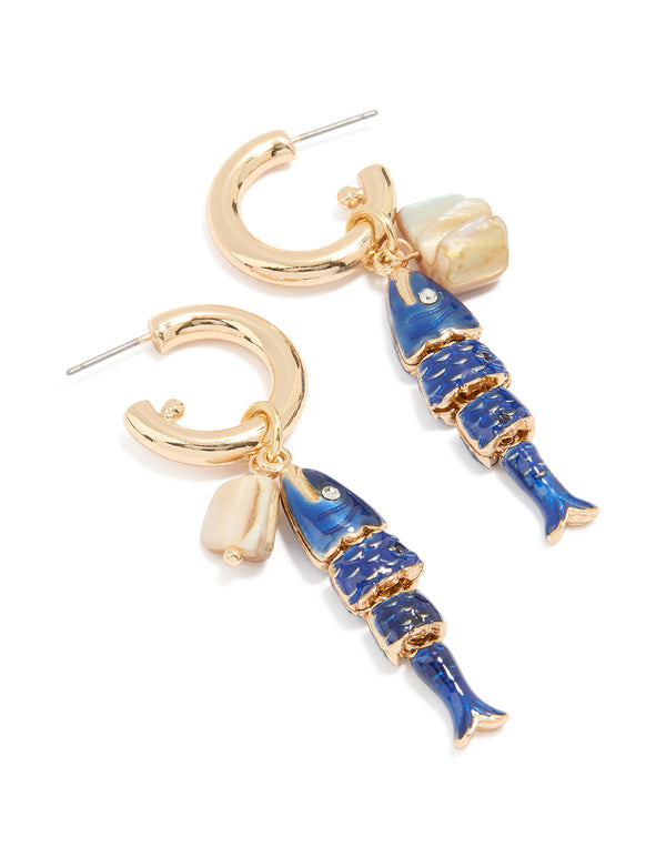 Gold Blue Fish Charm Hoop Earrings