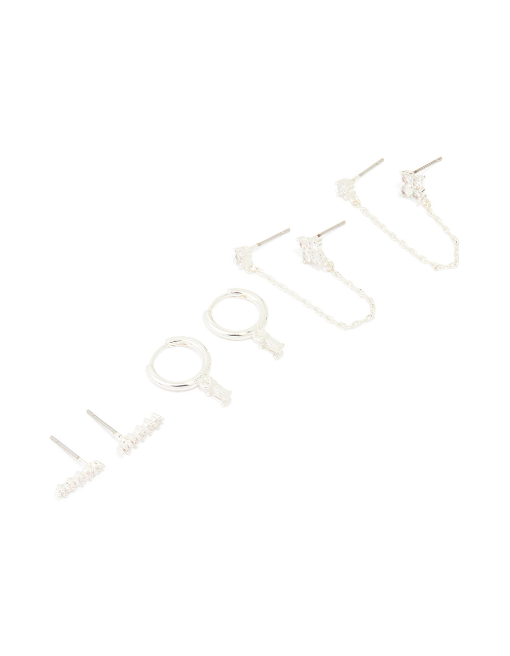 Silver Plated Brass Cubic Zirconia Chain & Stud Earrings 3-Pack