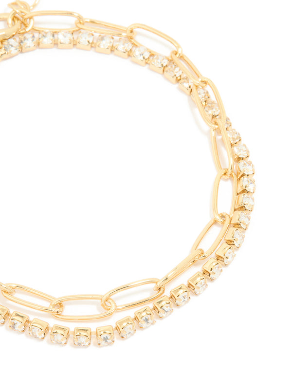 Gold Plated Rectangle Open Link Cubic Zirconia Bracelet