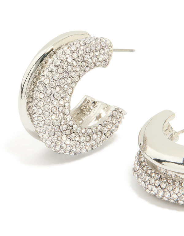 Silver Diamante Ribbed Double Hoop Earrings
