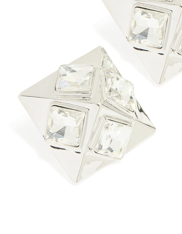 Silver Diamante Triangular Square Stud Earrings