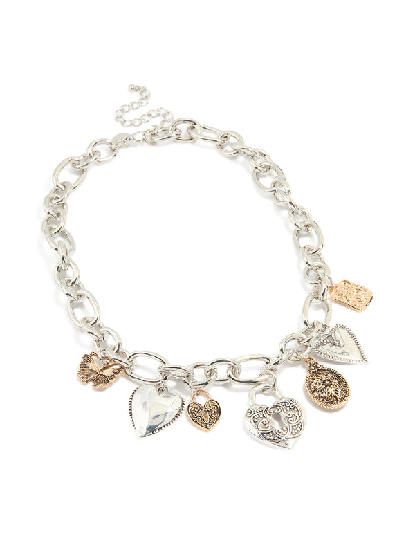 Mixed Metal Thick Chain Heart & Lock Charm Necklace