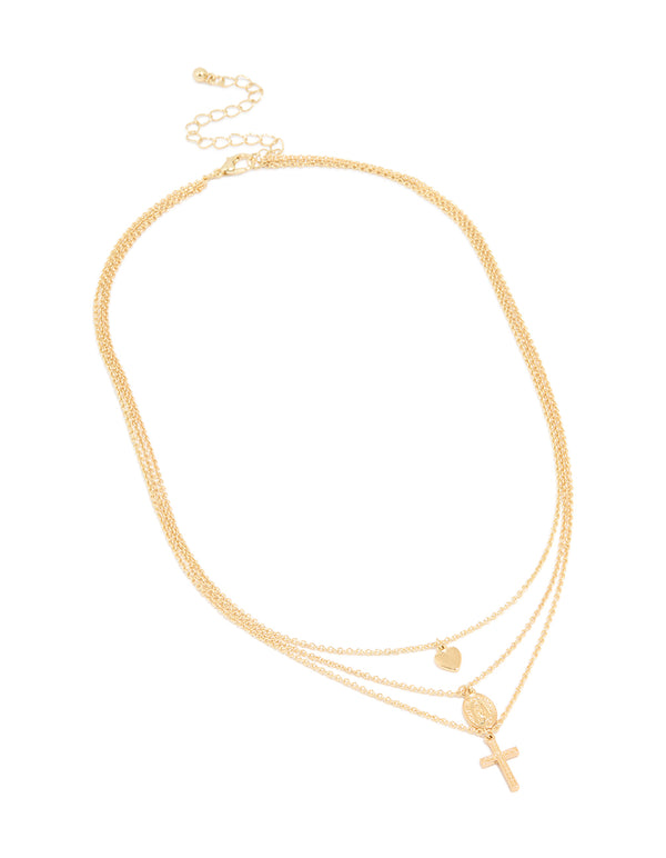 Gold Plated Heart Oval Cross Layered Necklace