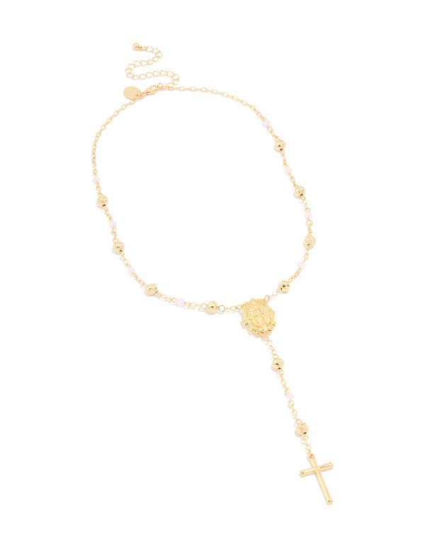 Displaying a gold plated pink beaded lariat cross necklace with balls, beads close front view