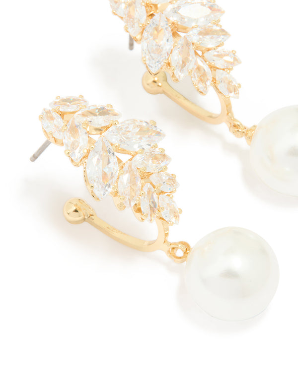 Gold Plated Cubic Zirconia Large Vine Pearl Drop Earrings