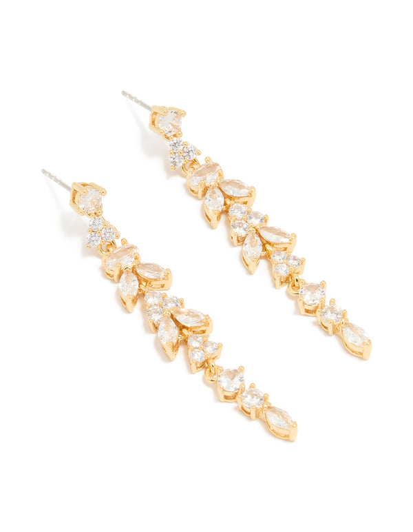 Gold Plated Cubic Zirconia Elongated Vine Drop Earrings