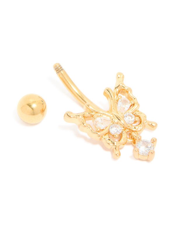Surgical Steel Diamante Heart & Key Drop Belly Bar