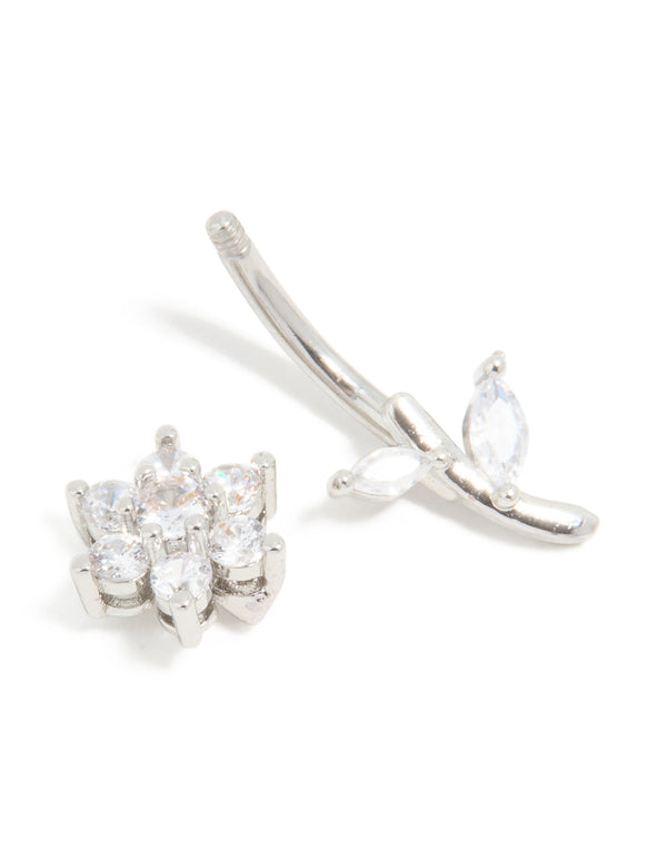 Featuring a floral cubic zirconia surgical steel belly bar with thread-through design and silver finish detail view