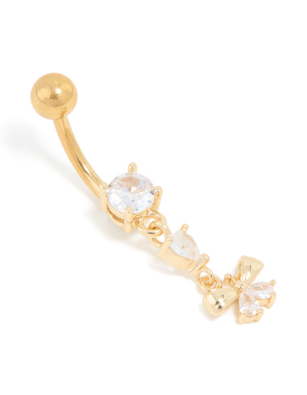 Gold Plated Titanium Cubic Zirconia Fine Bow Drop Belly Bar