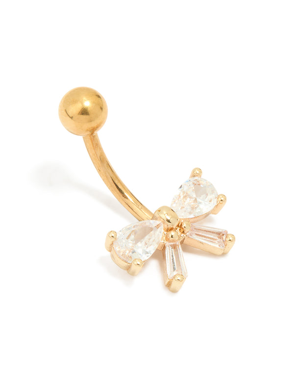 Gold Plated Titanium Cubic Zirconia Pear Bow Belly Bar