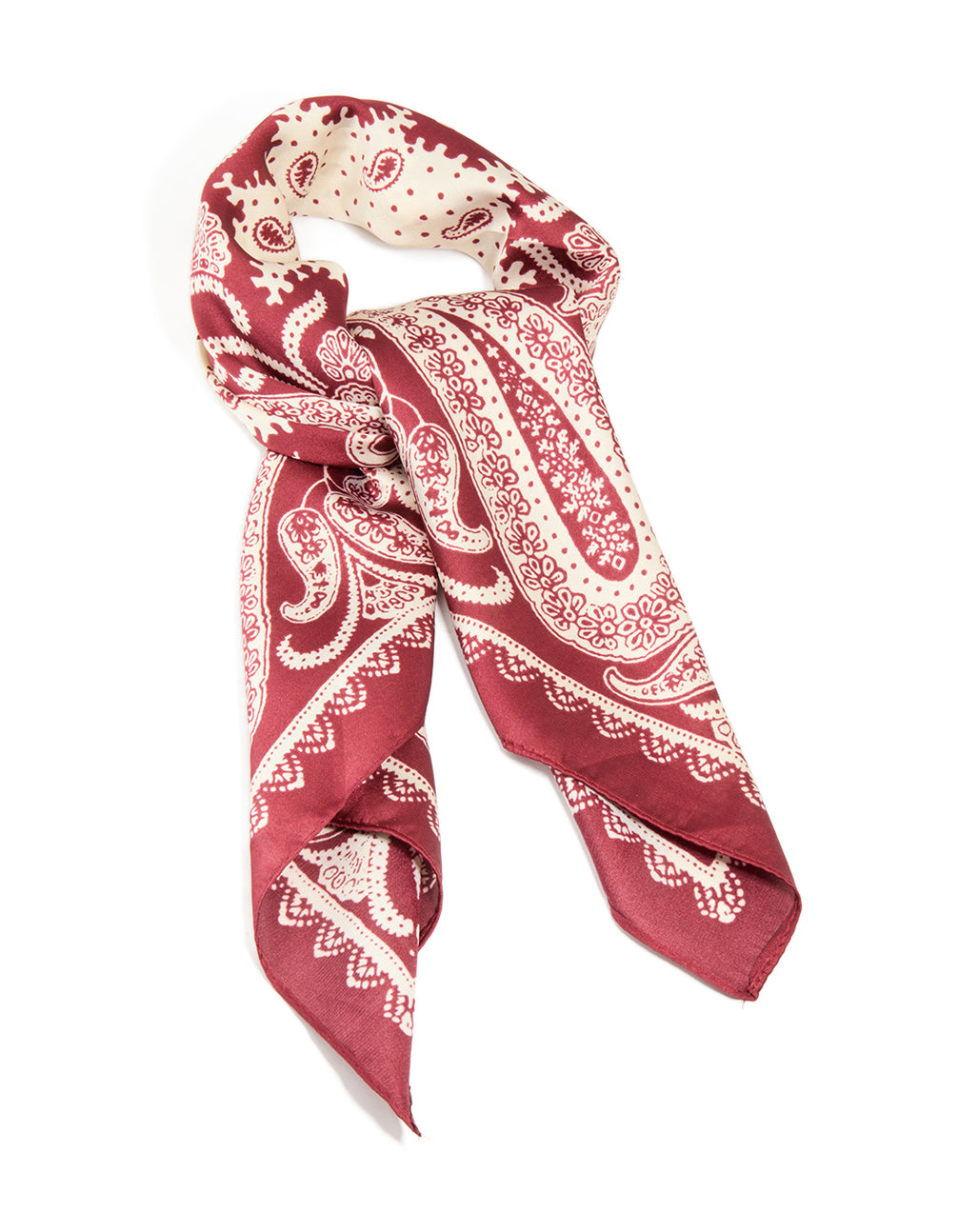 Beautifully crafted red fabric scarf featuring paisley print in red and antique white front view