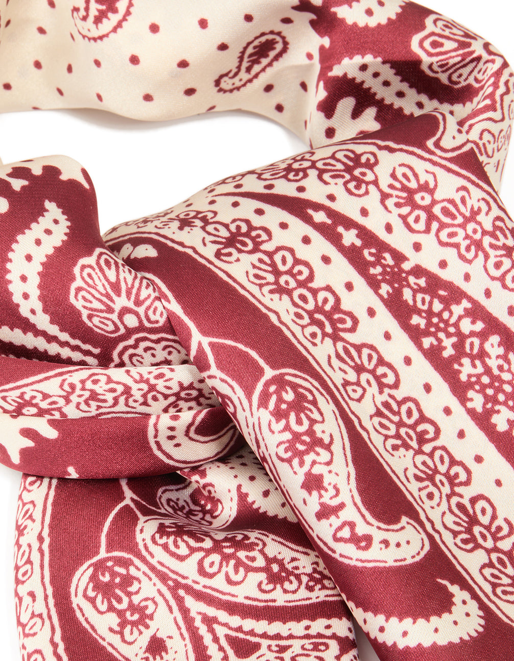 Elegantly designed red fabric scarf with paisley print in red and antique white side view