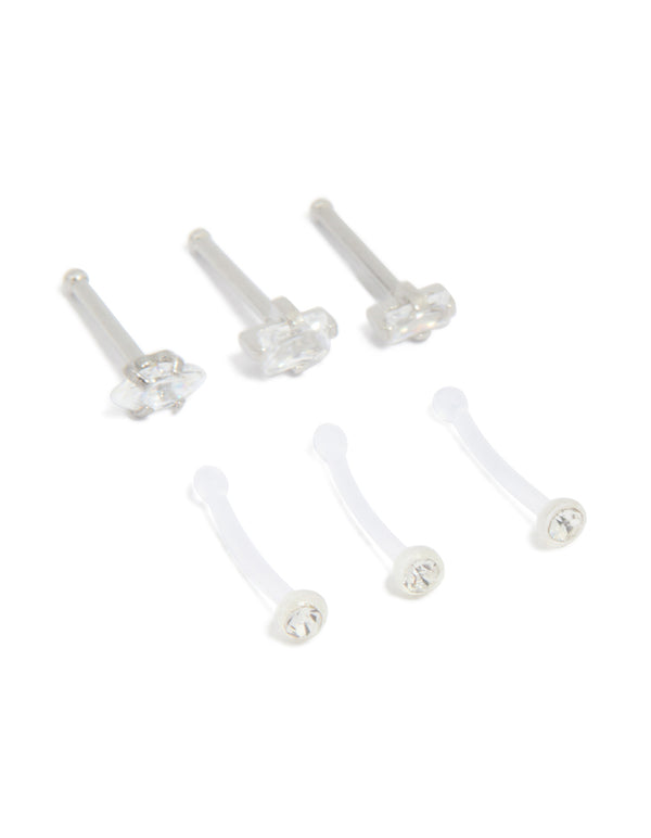 Surgical Steel Cubic Zirconia & Clear Nose Studs 6-Pack