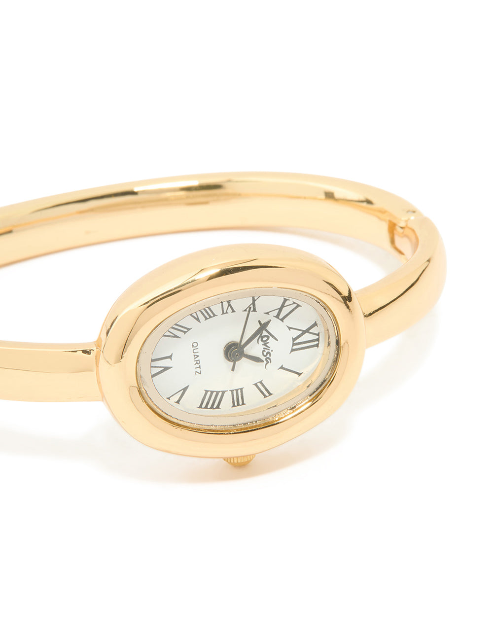 Introducing this women's analog oval statement bangle watch with white dial featuring roman numerals with a gold band design for casual occasions watch face detail view