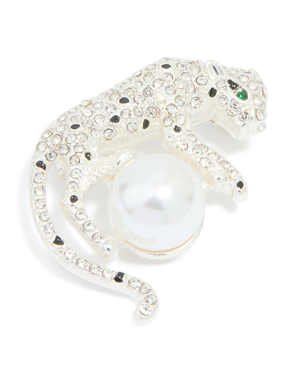 Silver Diamante Jaguar & Pearl Brooch