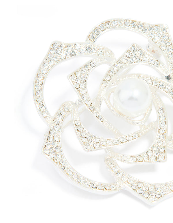 Silver Diamante & Pearl Rose Brooch